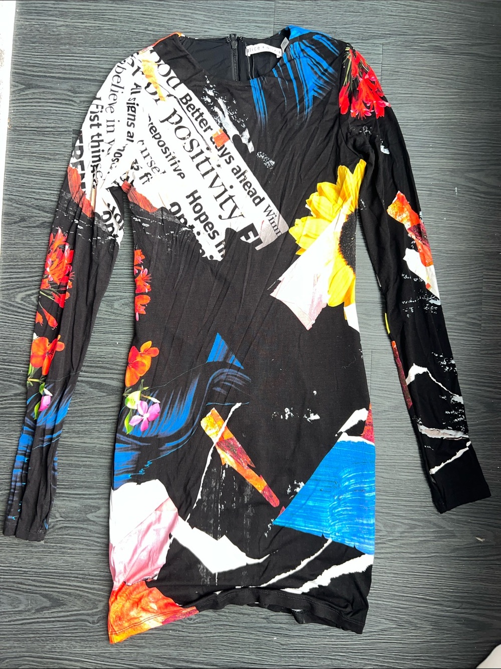 Alice + Olivia Black Multicolor Graphic Long-Sleeve Bodycon Dress